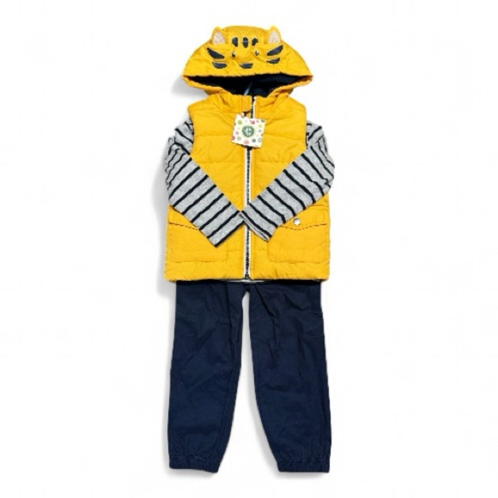 NWT Little Me 3pc Set Striped Shirt, YellowPuffer Vest and Navy Pant